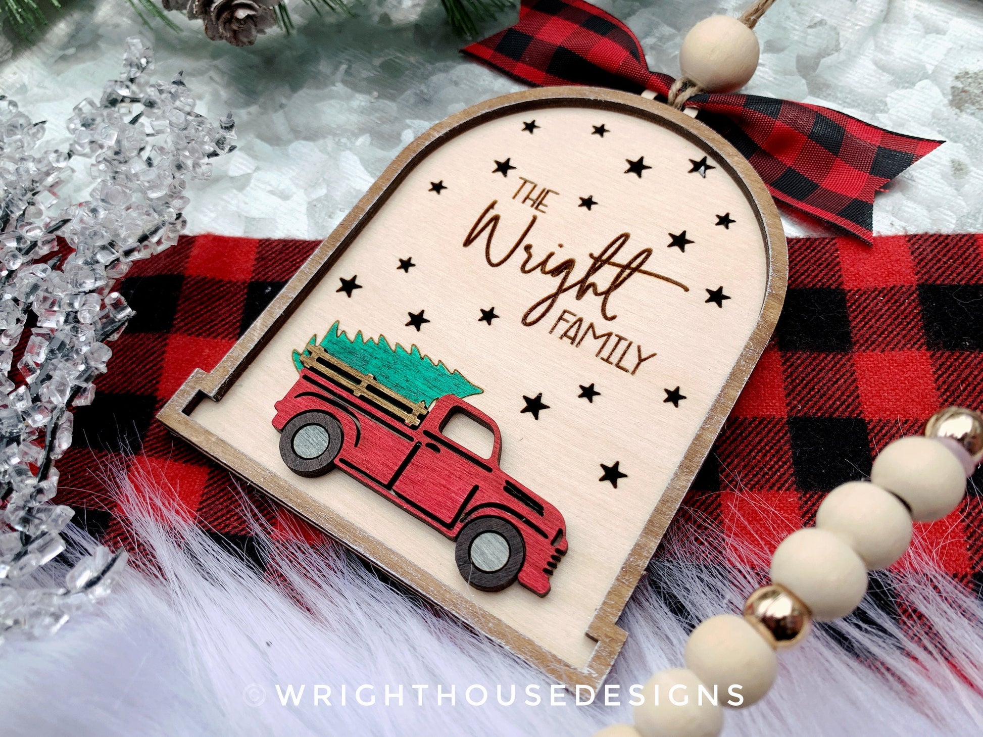 Rustic Farmhouse Family Name Ornament - Personalized Red Truck Ornament - Christmas Keepsake - Holiday Gift for Couples - Lightcatcher