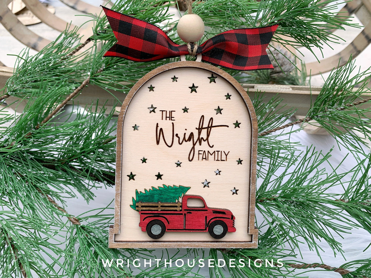 Rustic Farmhouse Family Name Ornament - Personalized Red Truck Ornament - Christmas Keepsake - Holiday Gift for Couples - Lightcatcher