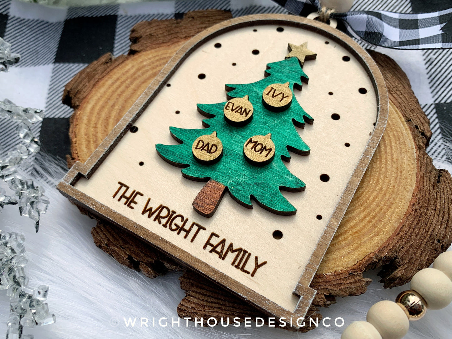 Rustic Farmhouse Family Name Ornament - Personalized Pine Tree Ornament - Christmas Keepsake - Holiday Gift for Couples - Lightcatcher