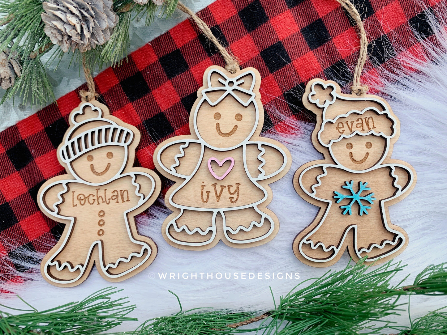 Gingerbread Boy and Girl Cookie Ornaments - Personalized Name Keepsake For Kids - Wooden Gift Bag and Stocking Tag - Gift For Grandparents