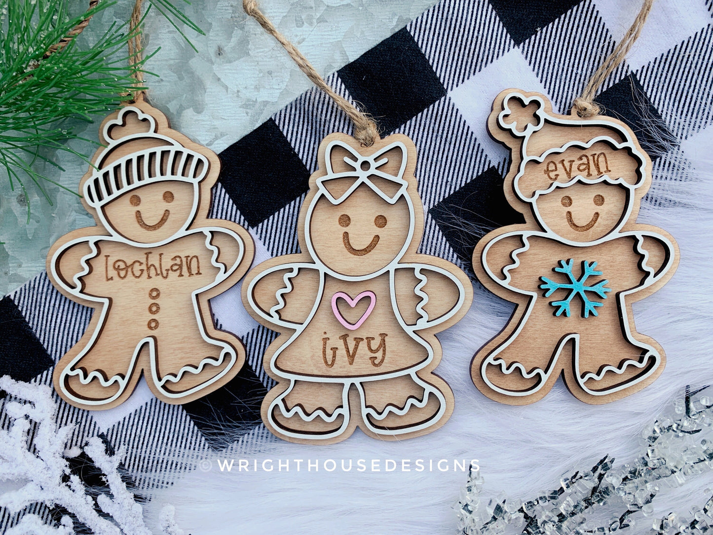 Gingerbread Boy and Girl Cookie Ornaments - Personalized Name Keepsake For Kids - Wooden Gift Bag and Stocking Tag - Gift For Grandparents