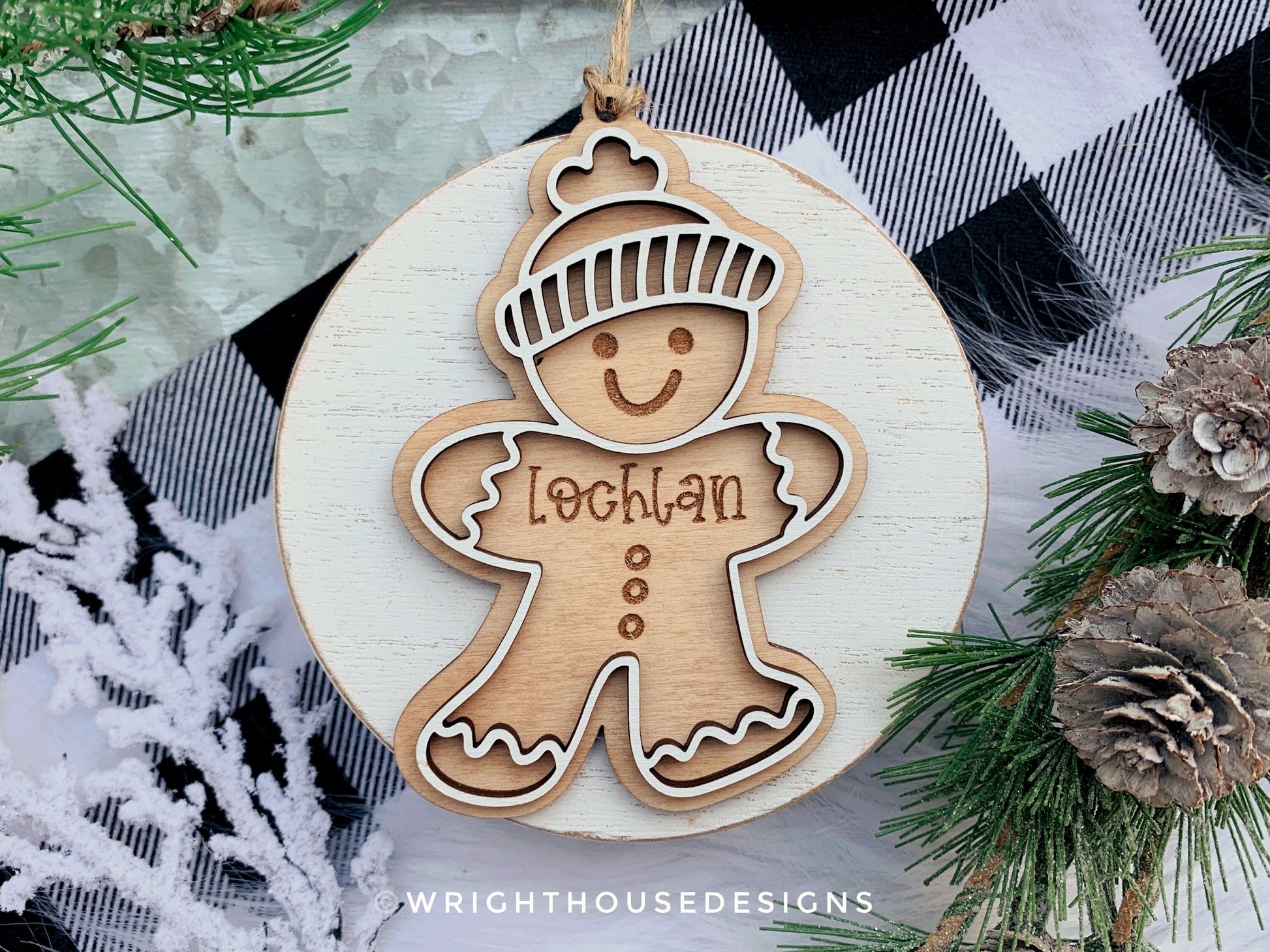 Gingerbread Boy and Girl Cookie Ornaments - Personalized Name Keepsake For Kids - Wooden Gift Bag and Stocking Tag - Gift For Grandparents