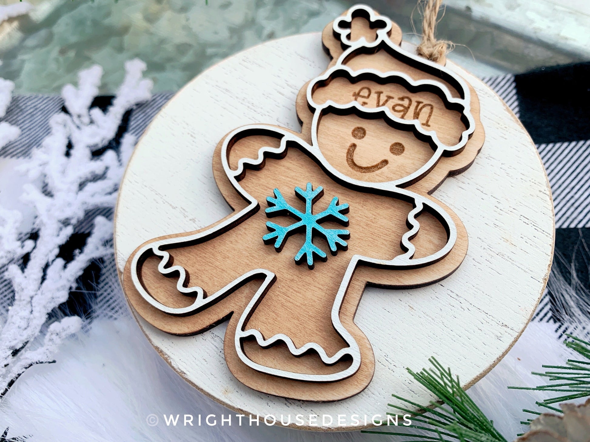 Gingerbread Boy and Girl Cookie Ornaments - Personalized Name Keepsake For Kids - Wooden Gift Bag and Stocking Tag - Gift For Grandparents