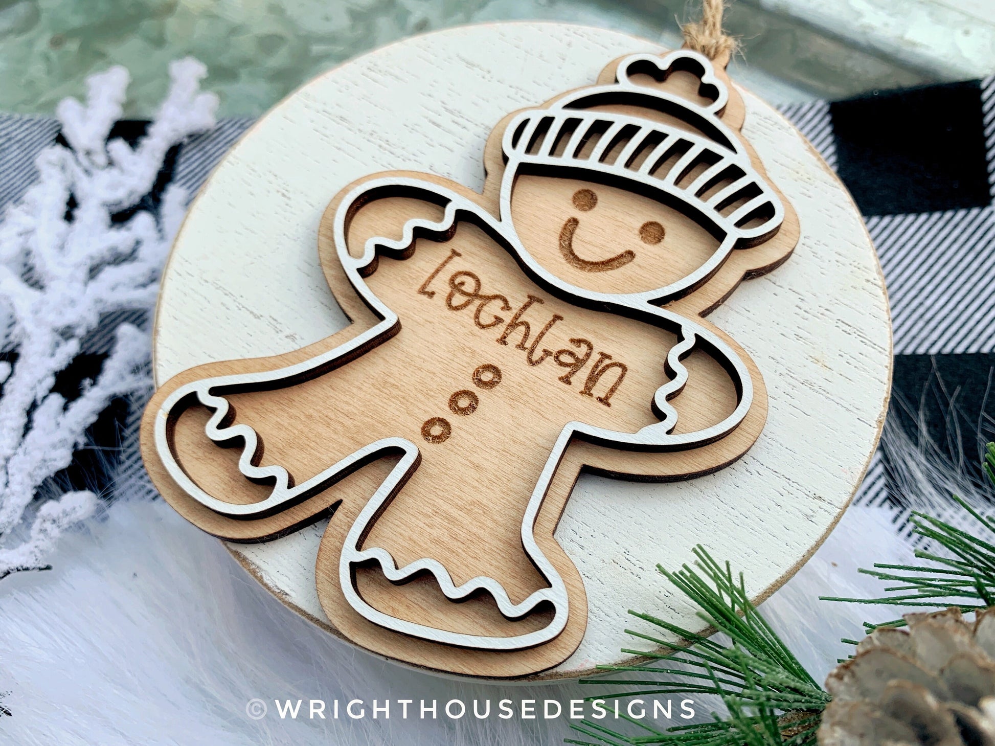 Gingerbread Boy and Girl Cookie Ornaments - Personalized Name Keepsake For Kids - Wooden Gift Bag and Stocking Tag - Gift For Grandparents