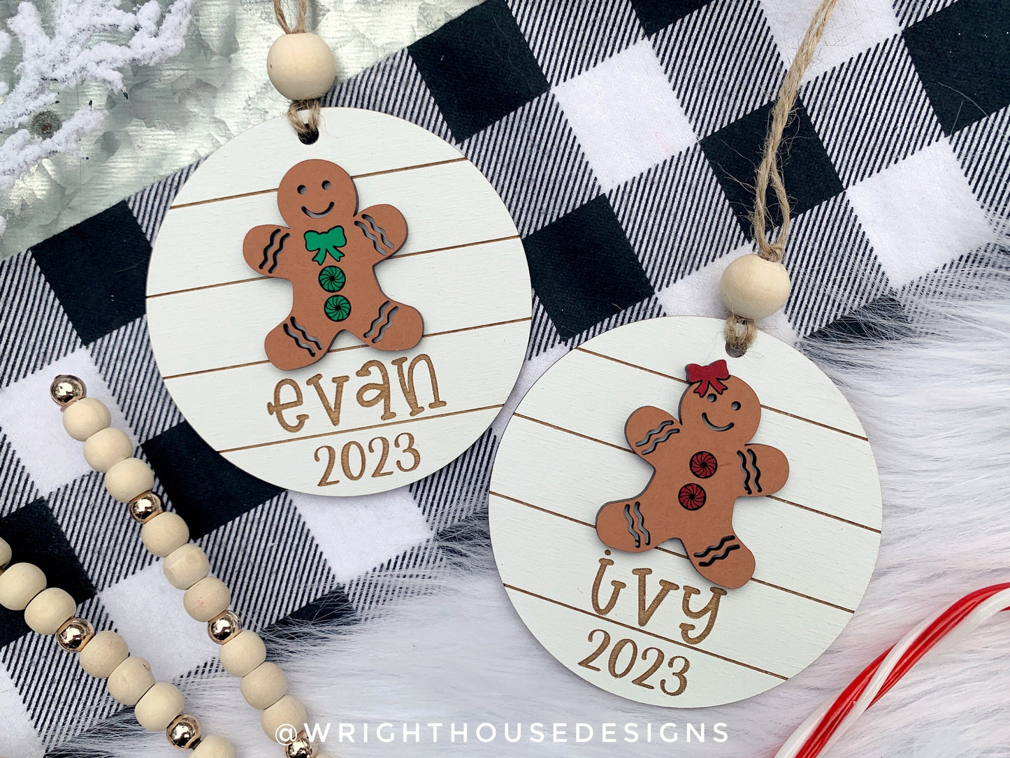 Gingerbread Boy and Girl Yearly Christmas Tree Ornament - Personalized Name Keepsake - Wooden Shiplap Gift Bag and Stocking Tags For Kids