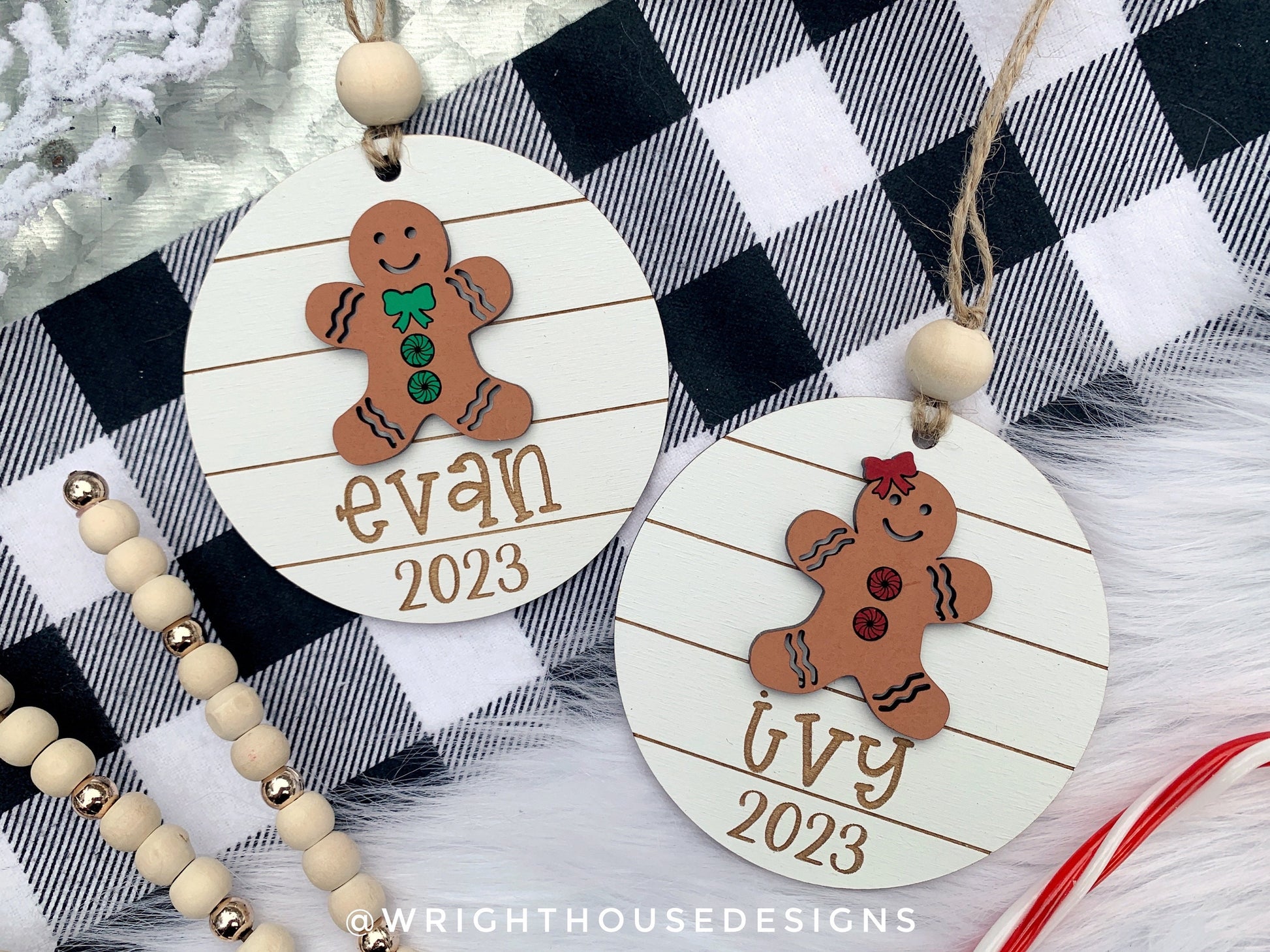 Gingerbread Boy and Girl Yearly Christmas Tree Ornament - Personalized Name Keepsake - Wooden Shiplap Gift Bag and Stocking Tags For Kids