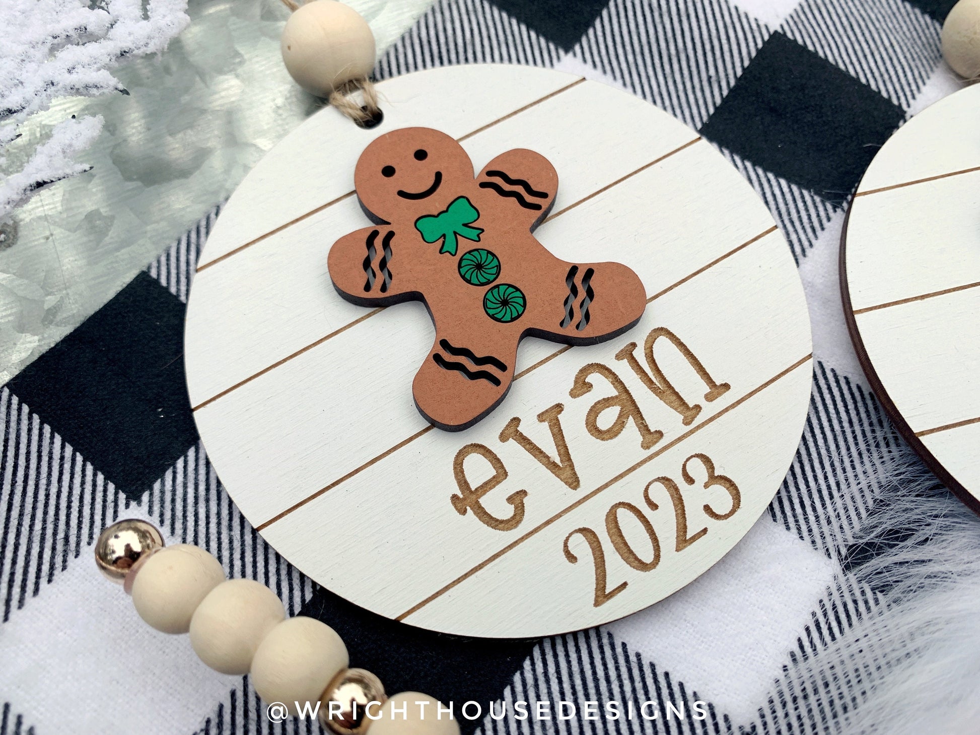 Gingerbread Boy and Girl Yearly Christmas Tree Ornament - Personalized Name Keepsake - Wooden Shiplap Gift Bag and Stocking Tags For Kids