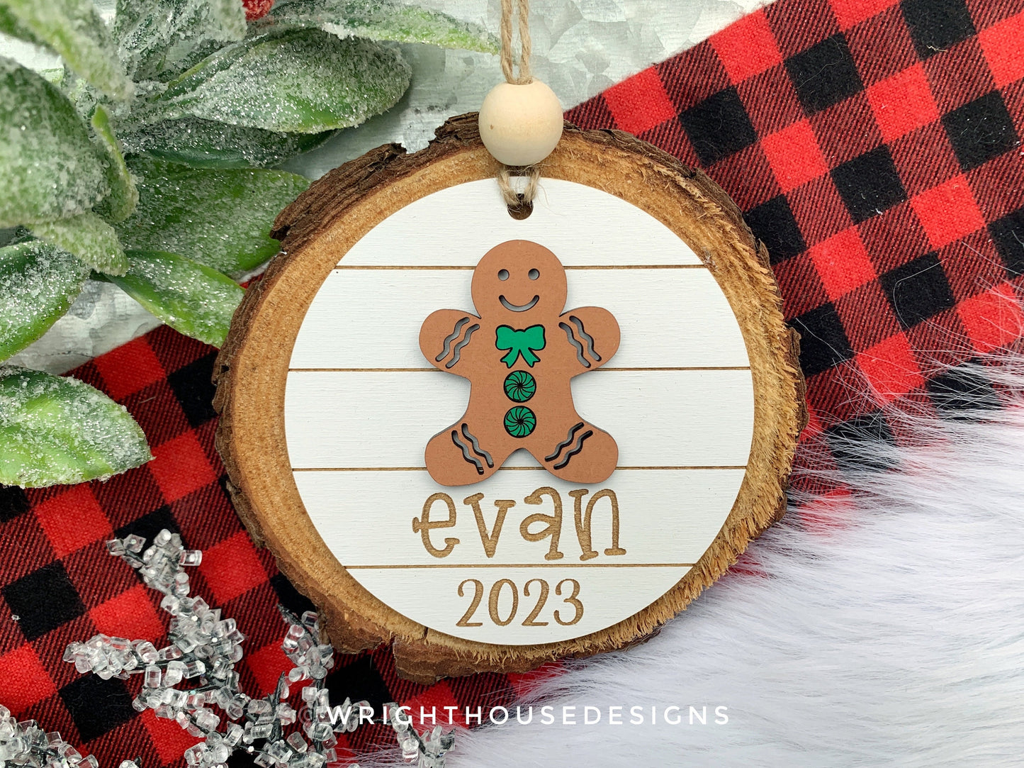 Gingerbread Boy and Girl Yearly Christmas Tree Ornament - Personalized Name Keepsake - Wooden Shiplap Gift Bag and Stocking Tags For Kids