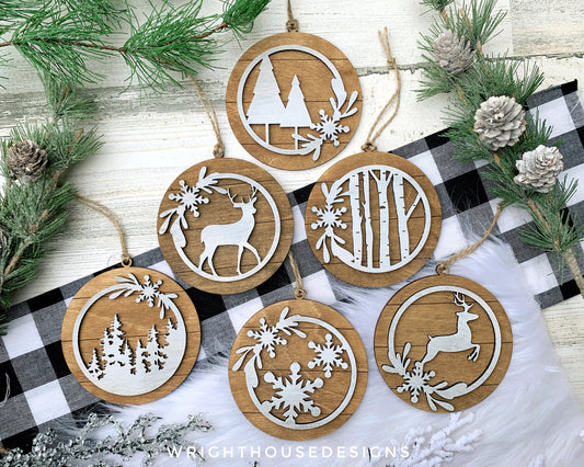 Rustic Winter Woodland Christmas Farmhouse Ornaments - Snow, Pine Tree, Reindeer - Winter Ski Lodge Style Rounds - Holiday Tiered Tray Decor