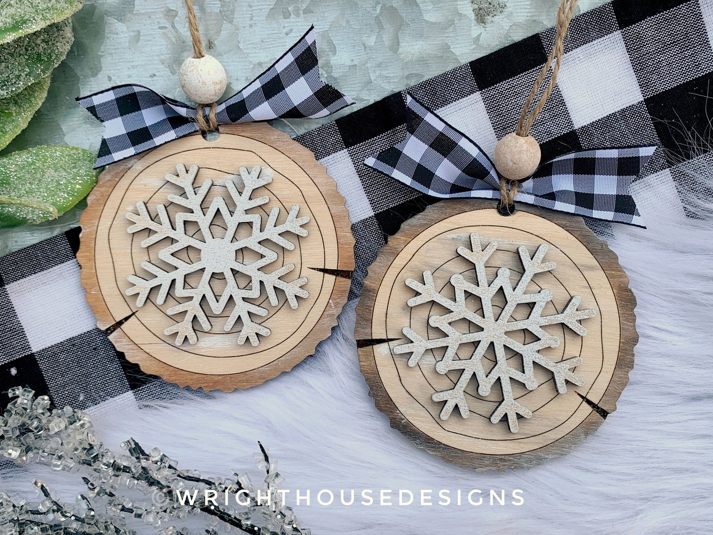 Snowflake Wood Slice Christmas Tree Ornaments - Winter Ski Lodge Style Wood Tree Cookie - Holiday Tiered Tray Decor - Rustic Farmhouse Decor