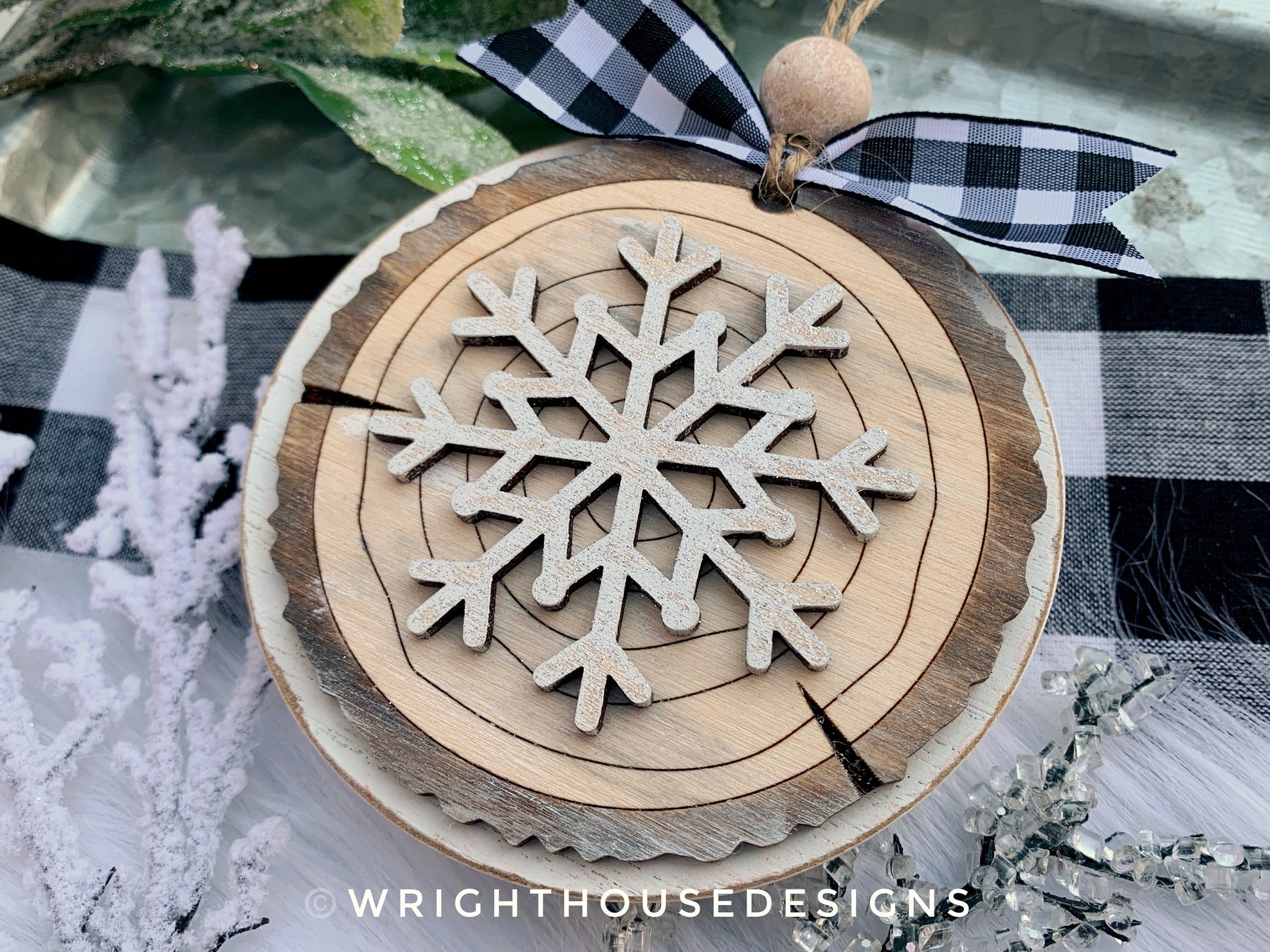 Snowflake Wood Slice Christmas Tree Ornaments - Winter Ski Lodge Style Wood Tree Cookie - Holiday Tiered Tray Decor - Rustic Farmhouse Decor