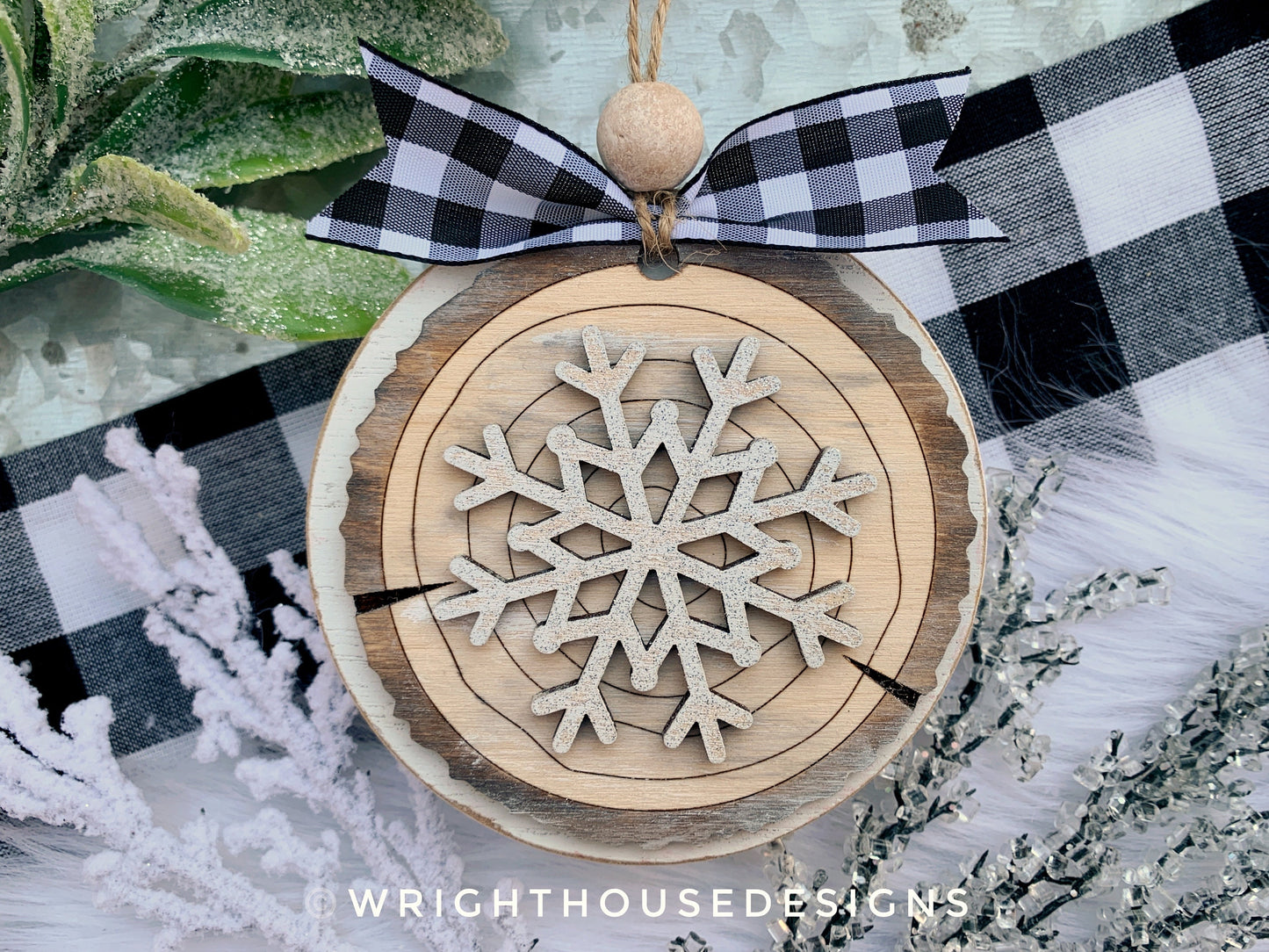 Snowflake Wood Slice Christmas Tree Ornaments - Winter Ski Lodge Style Wood Tree Cookie - Holiday Tiered Tray Decor - Rustic Farmhouse Decor