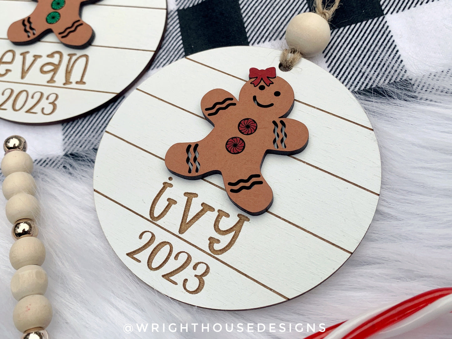 Gingerbread Boy and Girl Yearly Christmas Tree Ornament - Personalized Name Keepsake - Wooden Shiplap Gift Bag and Stocking Tags For Kids