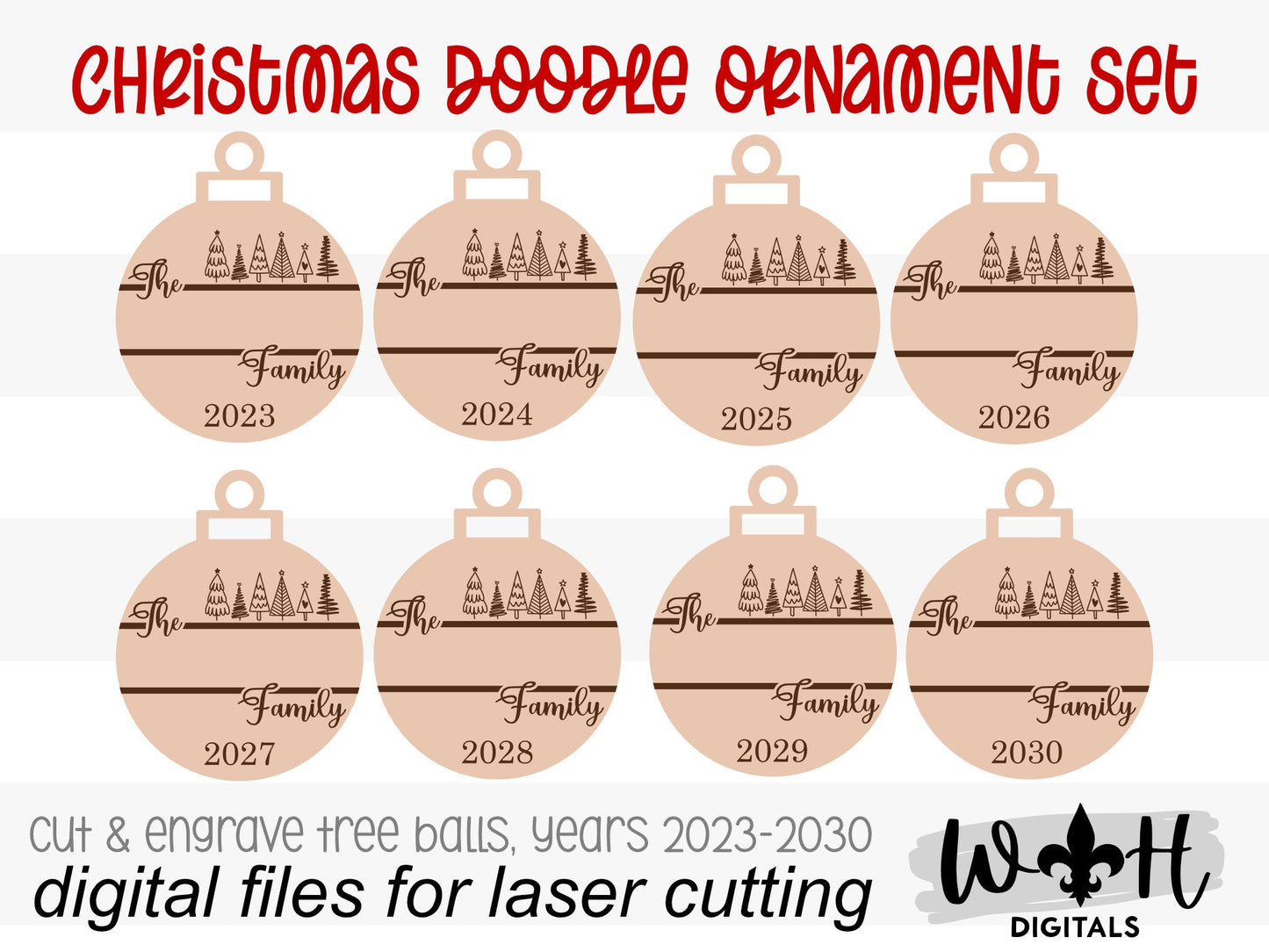 Christmas Doodles Ornament Bundle - Family Tree Ball Ornament Set - Gift Bag Tags - Quick Cut File For Glowforge Lasers - Digital SVG File