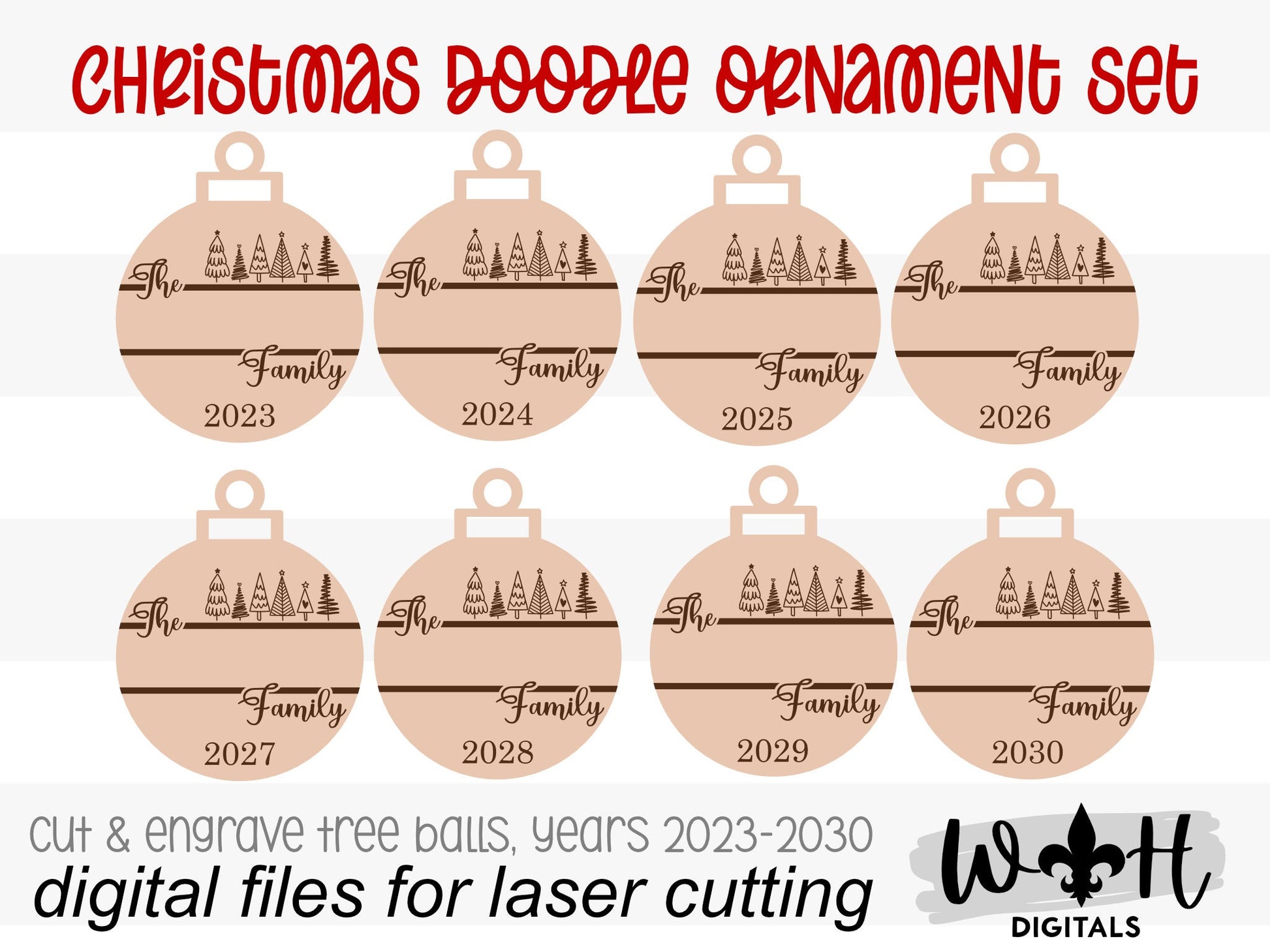 Christmas Doodles Ornament Bundle - Family Tree Ball Ornament Set - Gift Bag Tags - Quick Cut File For Glowforge Lasers - Digital SVG File