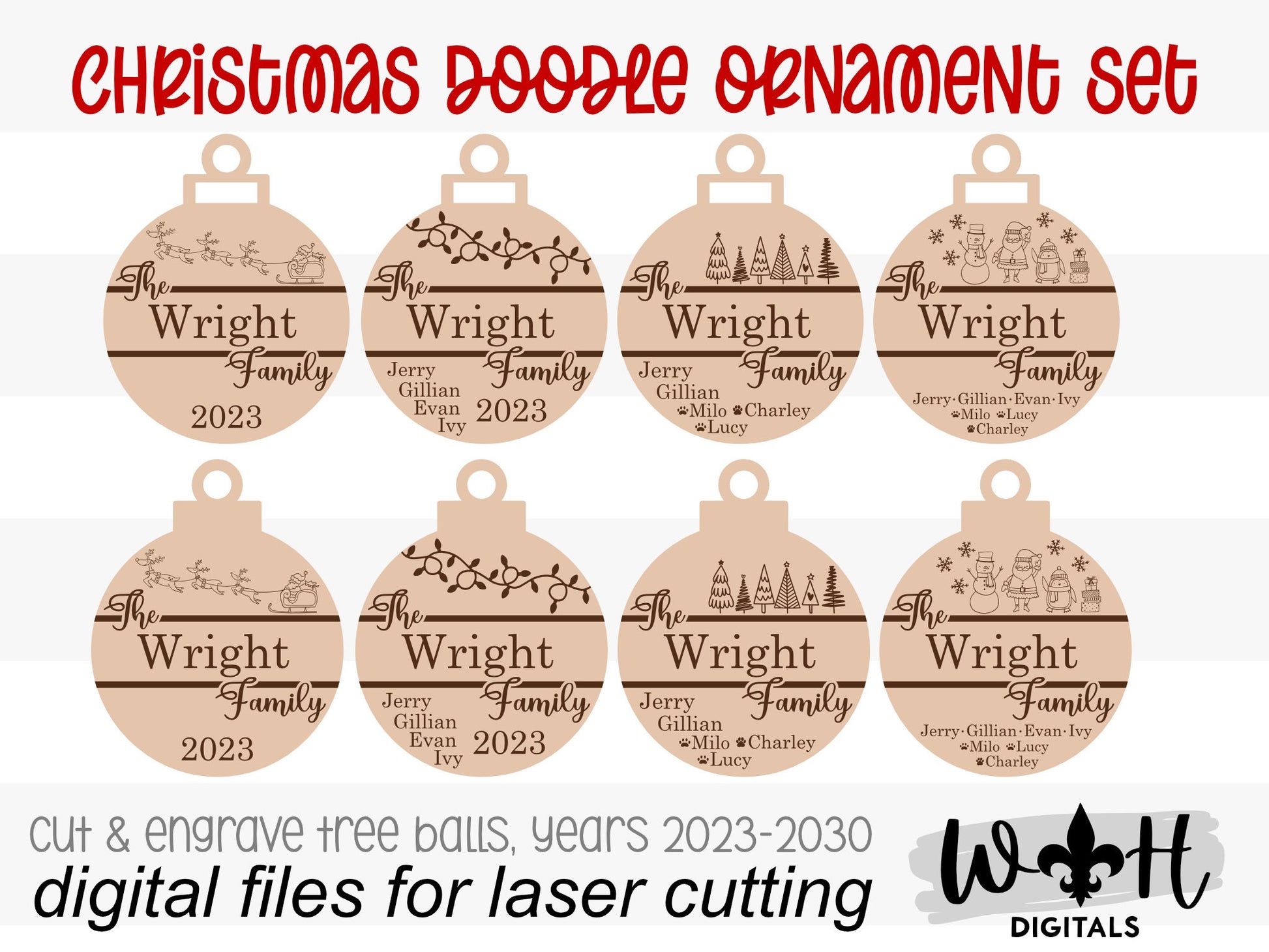 Christmas Doodles Ornament Bundle - Family Tree Ball Ornament Set - Gift Bag Tags - Quick Cut File For Glowforge Lasers - Digital SVG File