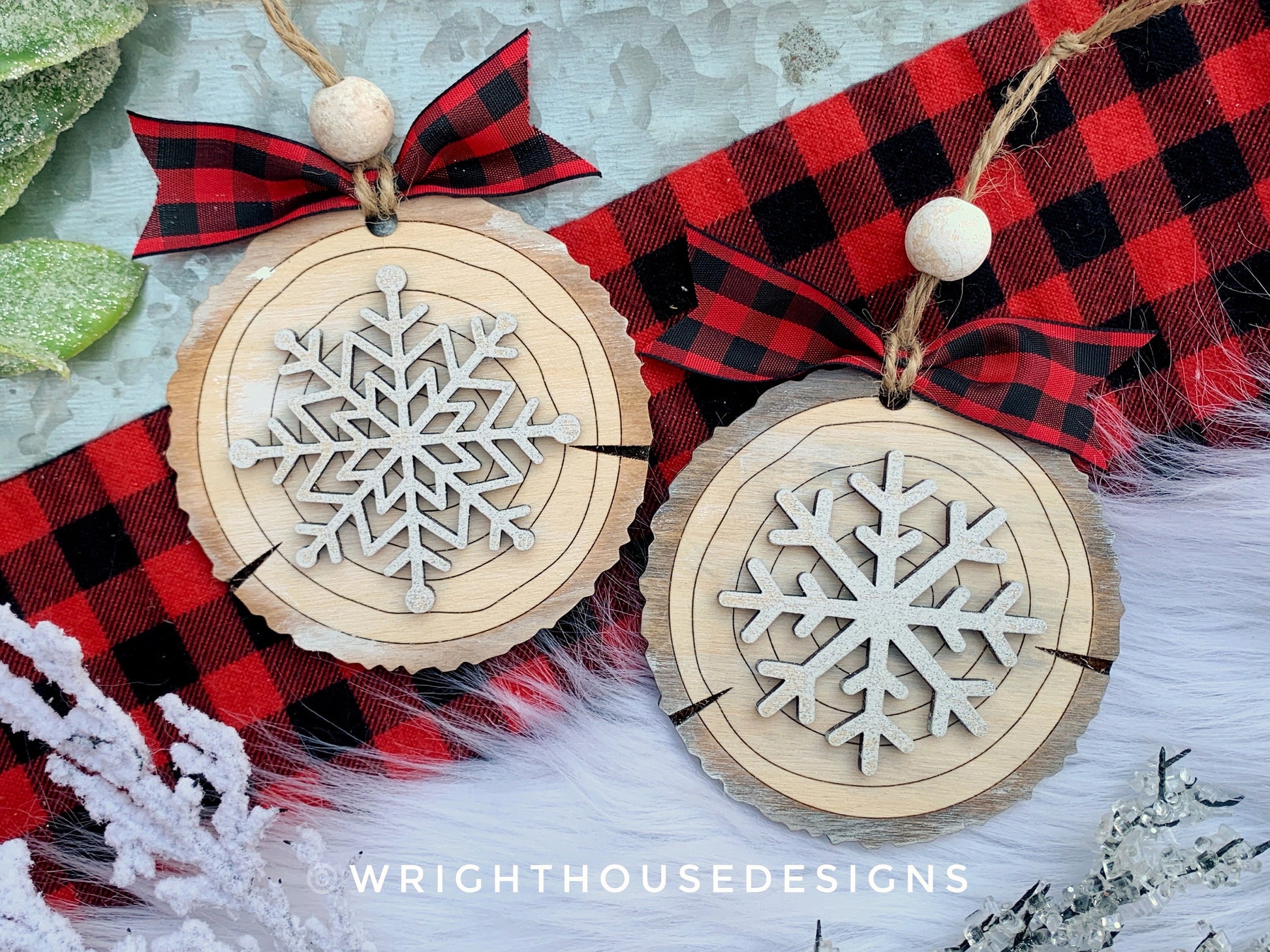 Snowflake Wood Slice Christmas Tree Ornaments - Winter Ski Lodge Style Wood Tree Cookie - Holiday Tiered Tray Decor - Rustic Farmhouse Decor