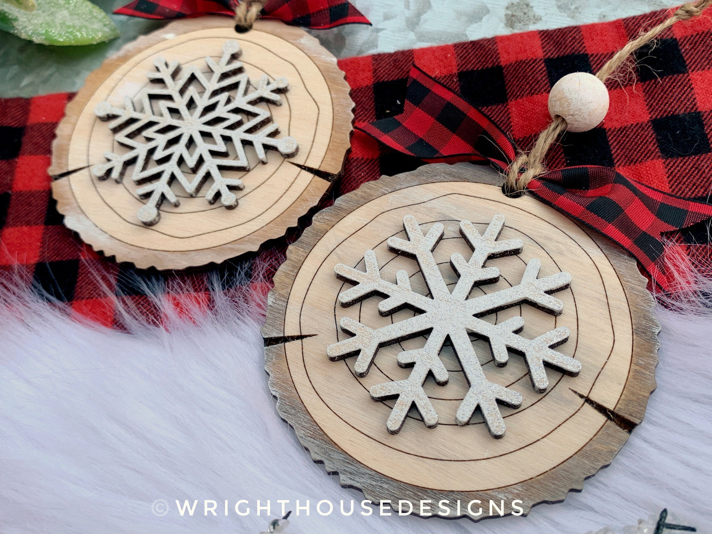 Snowflake Wood Slice Christmas Tree Ornaments - Winter Ski Lodge Style Wood Tree Cookie - Holiday Tiered Tray Decor - Rustic Farmhouse Decor