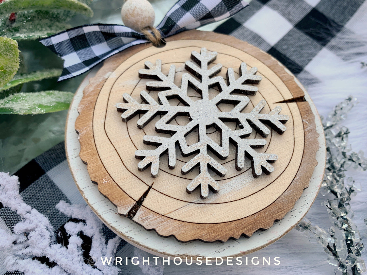 Snowflake Wood Slice Christmas Tree Ornaments - Winter Ski Lodge Style Wood Tree Cookie - Holiday Tiered Tray Decor - Rustic Farmhouse Decor