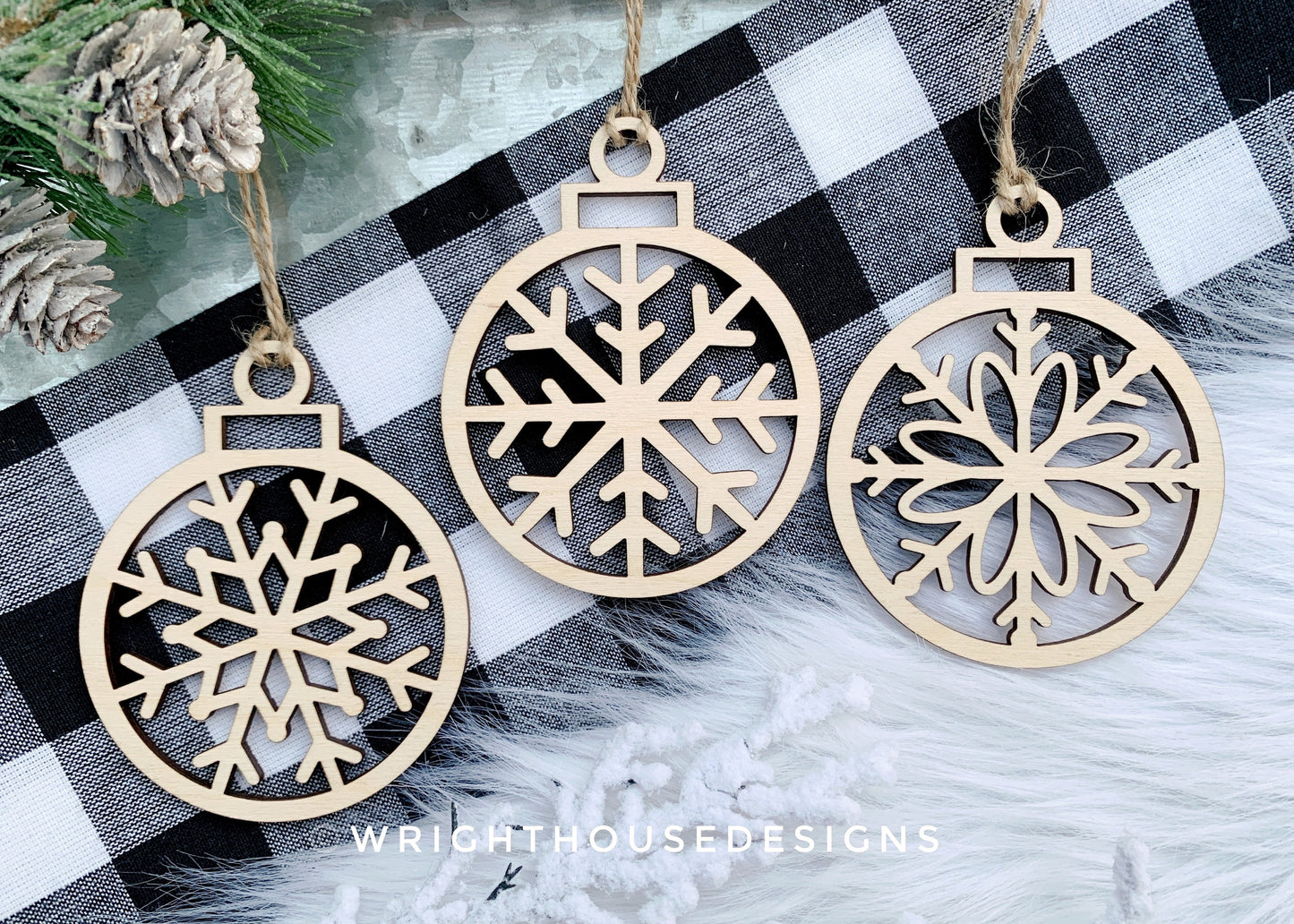 Minimalist Cut Snowflake Christmas Tree Ball Ornament Set 2 - Gift Bag Tag Bundle - Quick Cut File For Glowforge Lasers - Digital SVG File