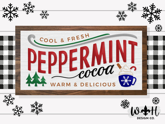 Peppermint Hot Cocoa - Christmas Coffee Bar Sign - Seasonal Home and Kitchen Decor - Handcrafted Wooden Framed Wall Art - Holiday Decoration