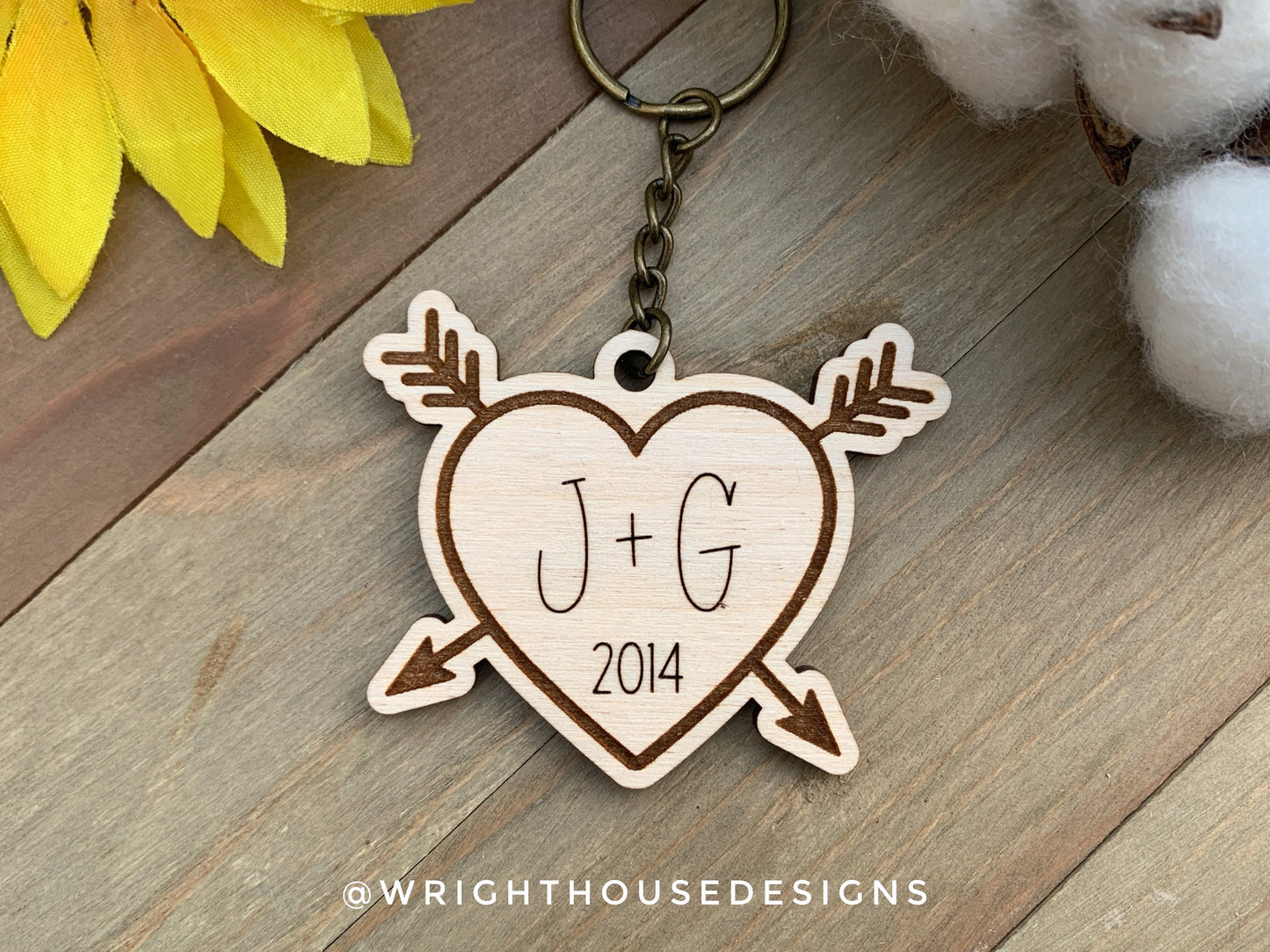 Personalized Duo Heart & Arrows Engraved Wooden Keychain For Couples For Valentine’s Day