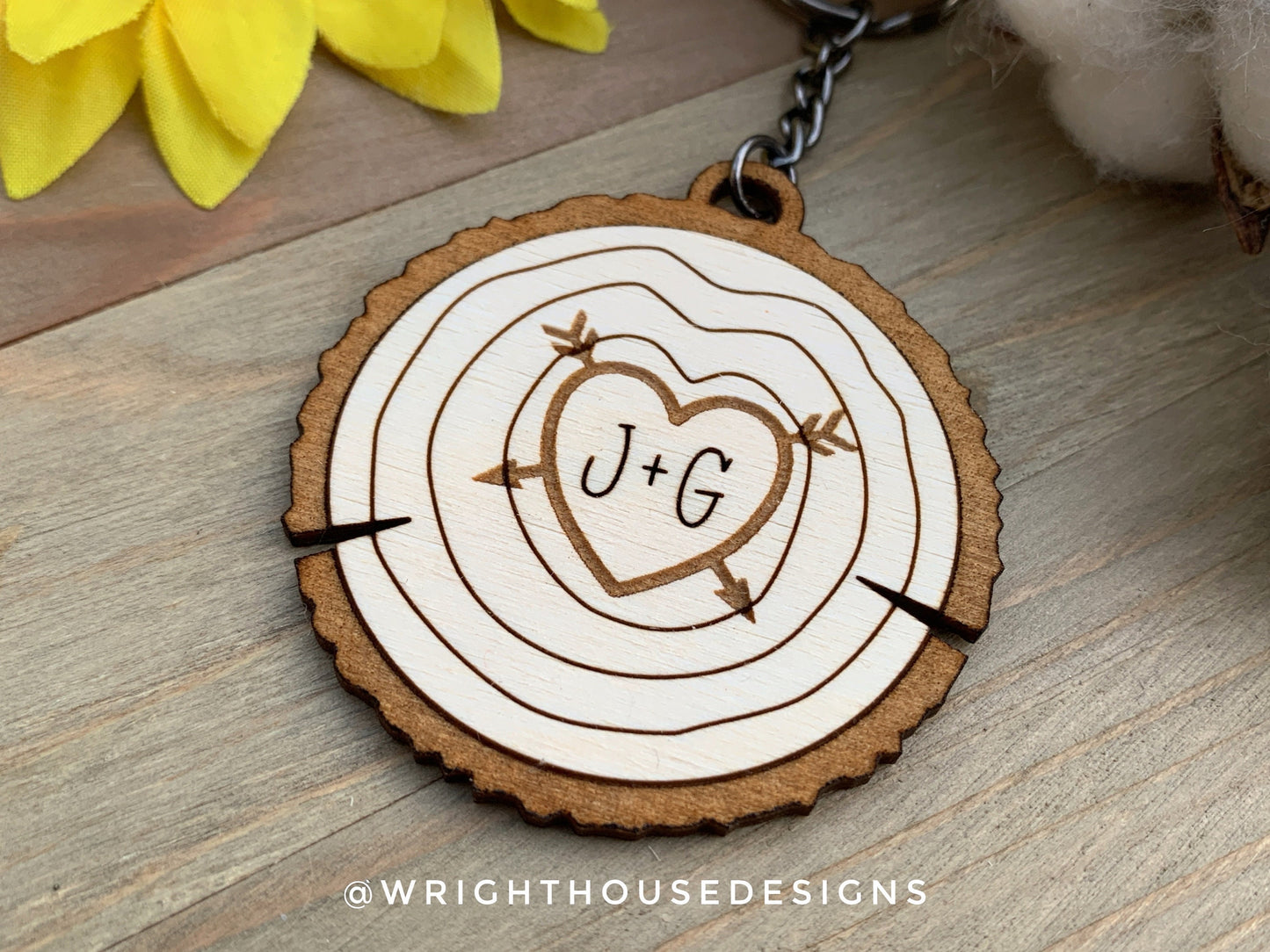 Couples Carved Initial Wood Slice - Personalized Engraved Wooden Valentine’s Day Keychain