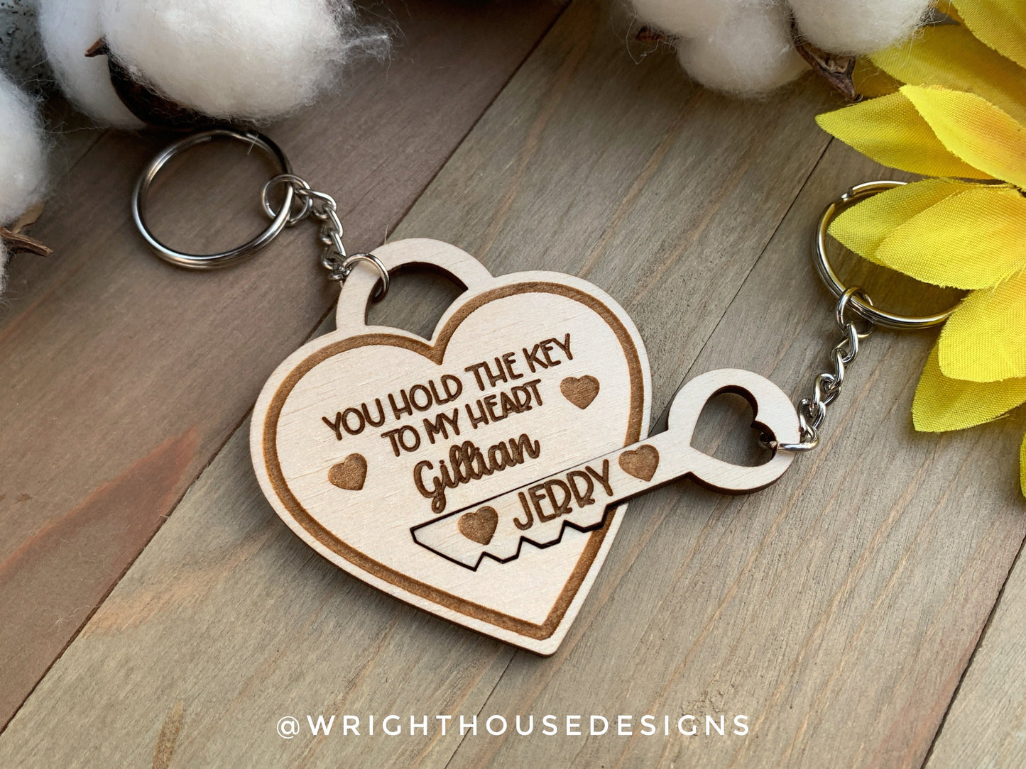 You Hold The Key To My Heart - Personalized Locket and Key Wooden Keychains For Couples On Valentine’s Day
