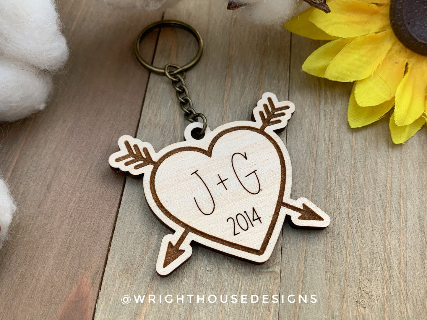 Personalized Duo Heart & Arrows Engraved Wooden Keychain For Couples For Valentine’s Day