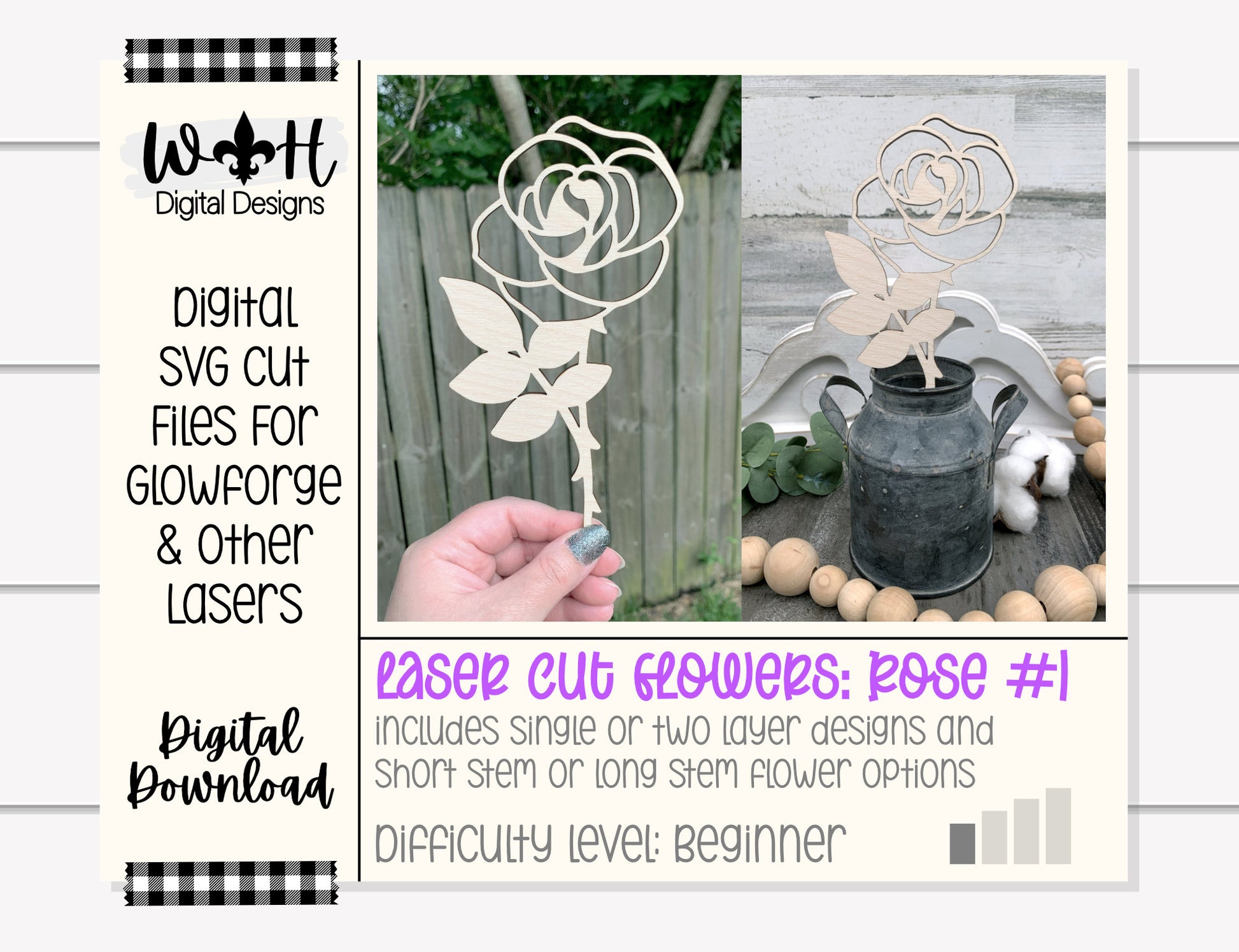 Rose Wooden Laser Cut Flowers - Simple Diy Florals For Bouquets - Files for Sign Making - SVG Cut File For Glowforge - Digital File