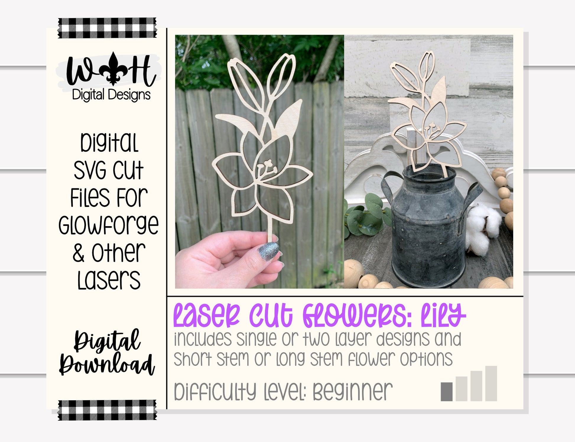 Lily Wooden Laser Cut Flowers - Simple Diy Florals For Bouquets - Files for Sign Making - SVG Laser Cut File For Glowforge - Digital File