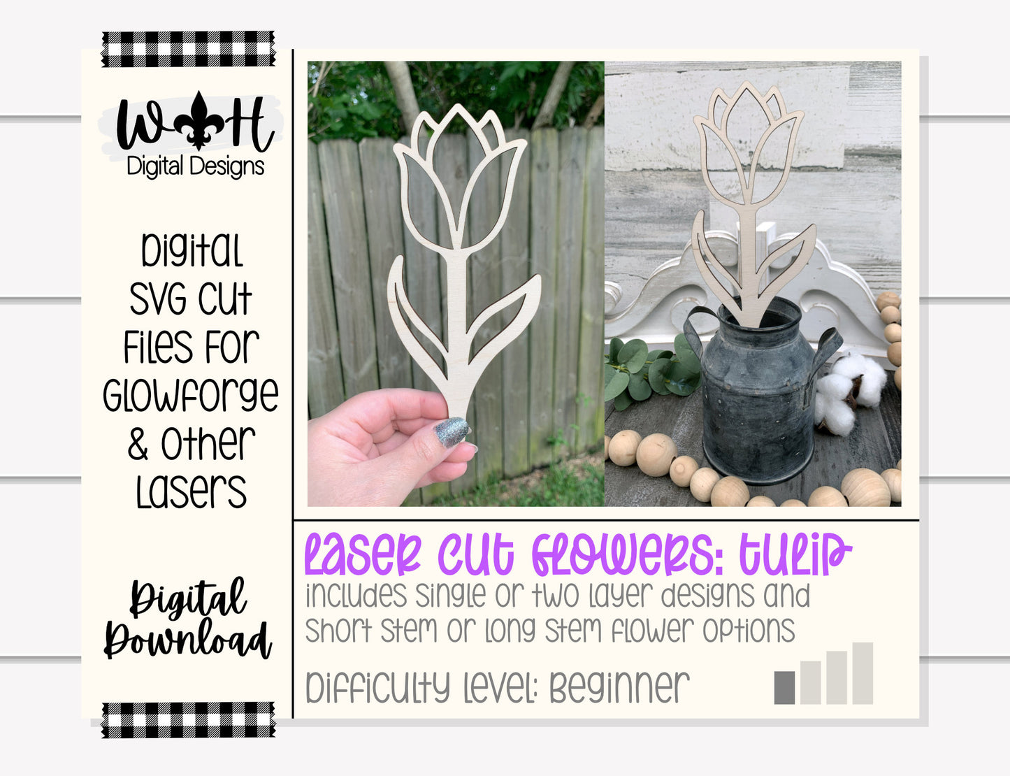 Tulip Wooden Laser Cut Flowers - Simple Diy Florals For Bouquets - Files for Sign Making - SVG Cut File For Glowforge - Digital File