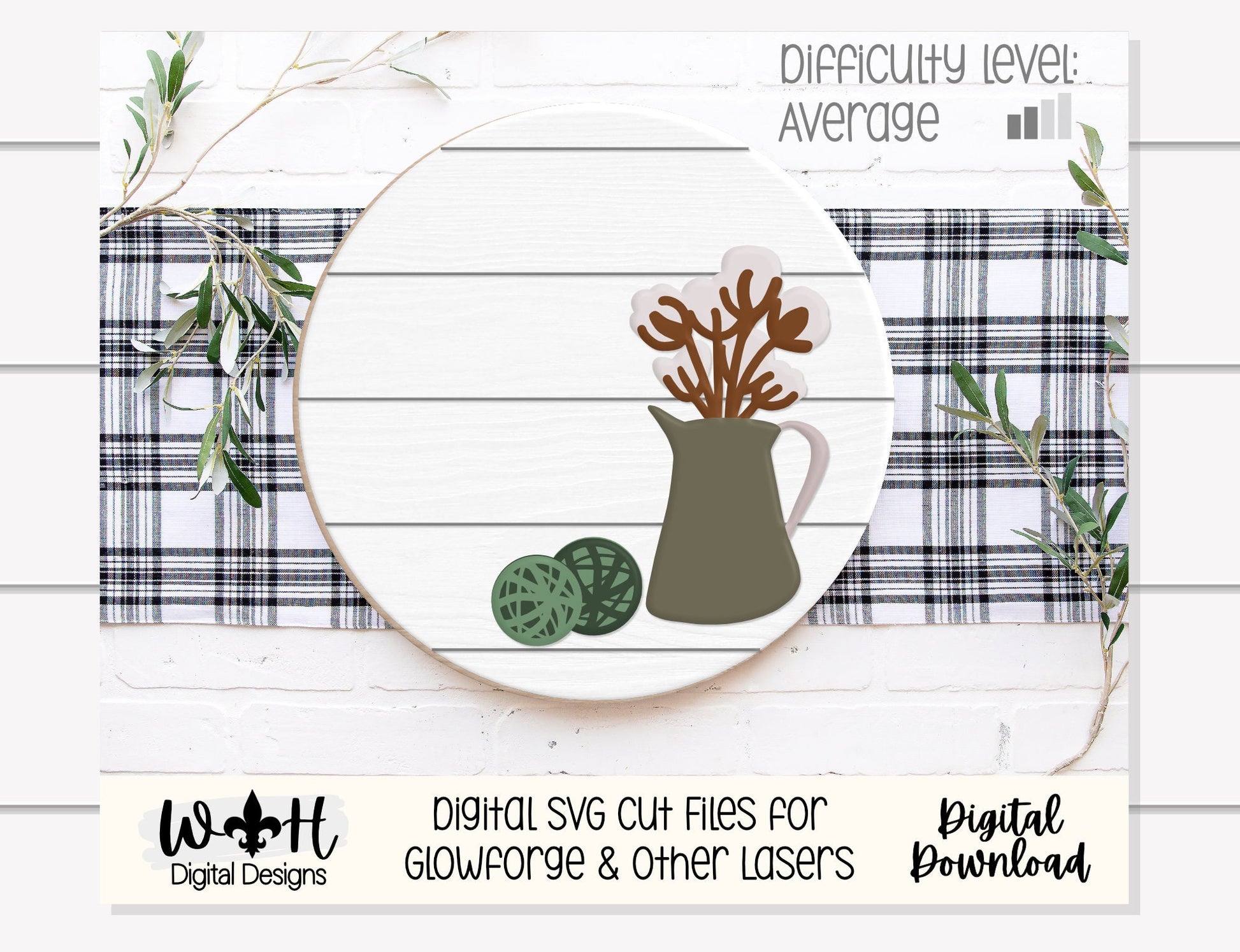 Rustic Farmhouse Cotton Sprigs Shelf Sitter - Seasonal Sign Making and DIY Kits - Cut File For Glowforge Lasers - Digital SVG File