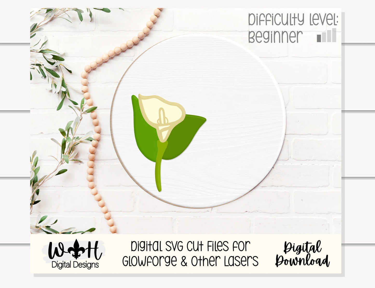 Calla Lily Simple Floral Shelf Sitter Sign - Round Sign Making and DIY Kits - Beginner Cut File For Glowforge Lasers - Digital SVG File