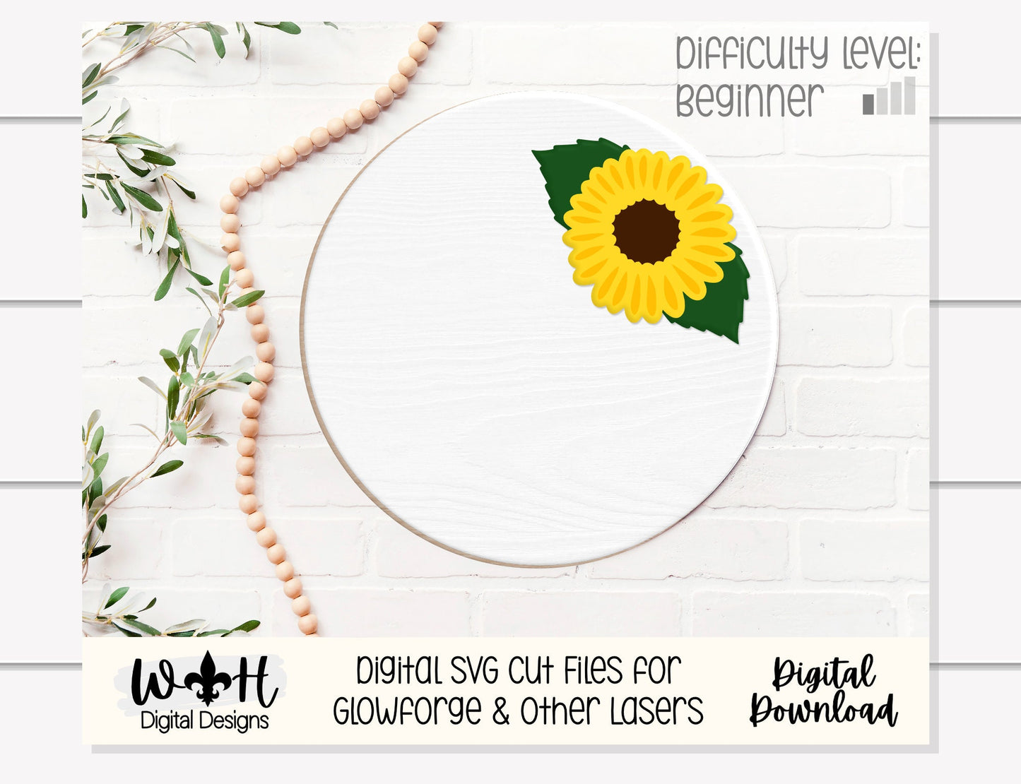 Sunflower Simple Floral Shelf Sitter Sign - Round Sign Making and DIY Kits - Beginner Cut File For Glowforge Lasers - Digital SVG File