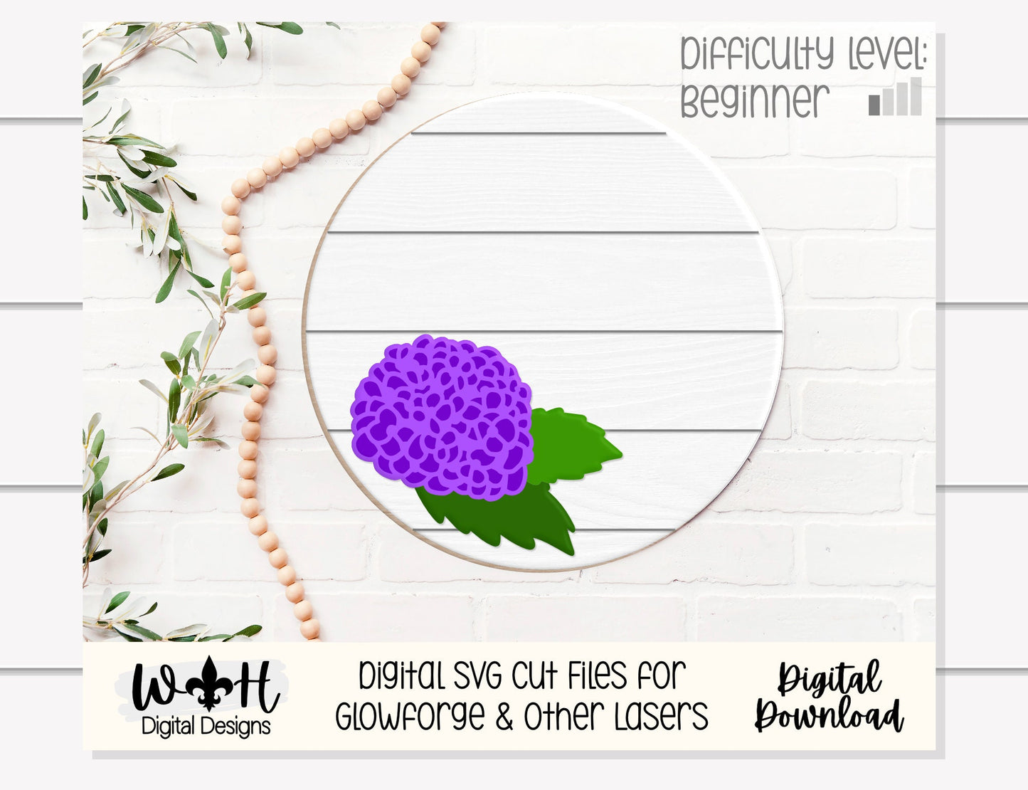 Hydrangea Simple Floral Shelf Sitter Sign - Round Sign Making and DIY Kits - Beginner Cut File For Glowforge Lasers - Digital SVG File