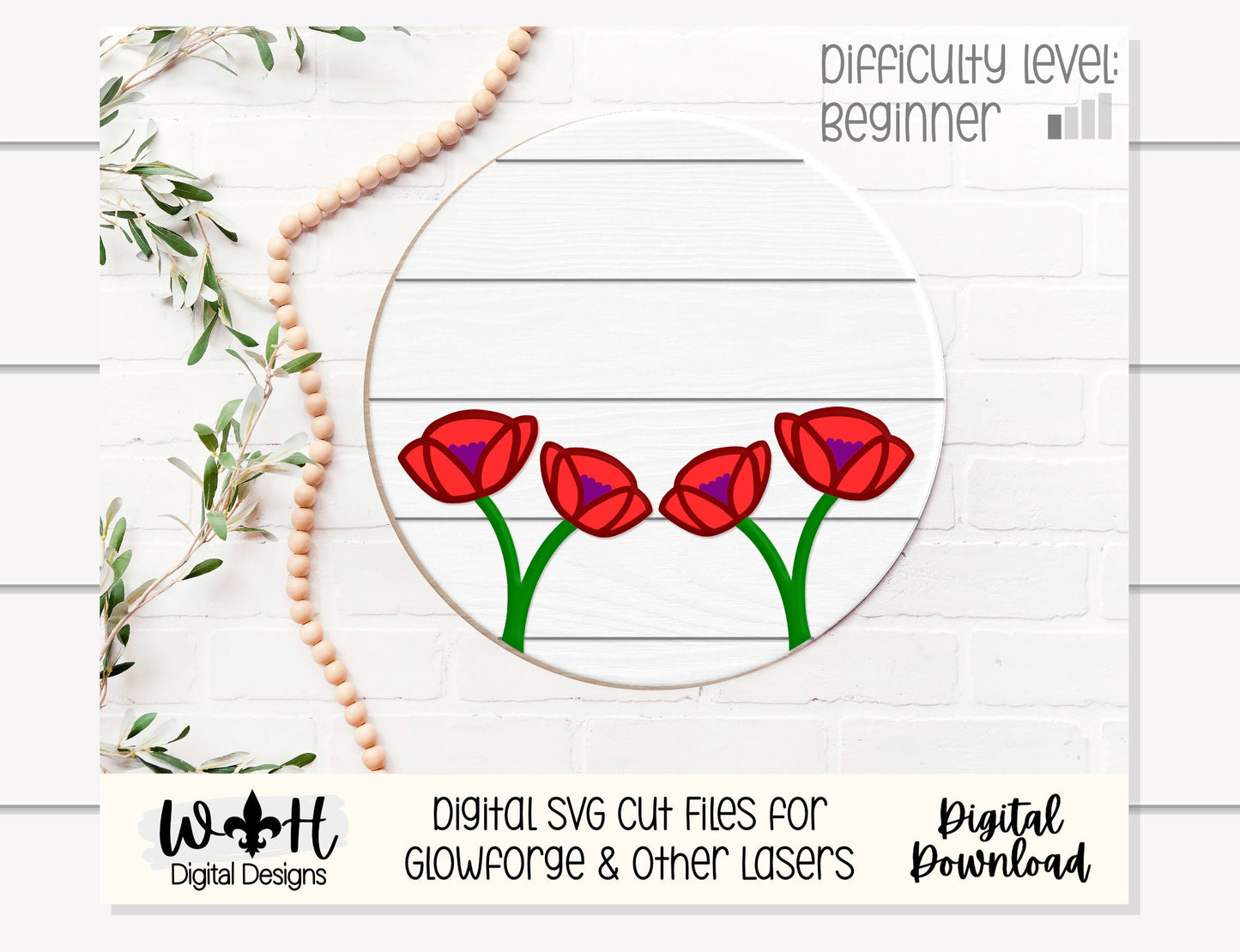 Poppy Flower Simple Floral Shelf Sitter Sign - Round Sign Making and DIY Kits - Beginner Cut File For Glowforge Lasers - Digital SVG File