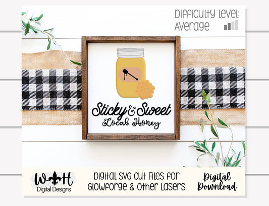 Mason Jar Sticky and Sweet Honey Shelf Sitter Round - Farmhouse Sign Making and DIY Kits - Cut File For Glowforge Lasers - Digital SVG File