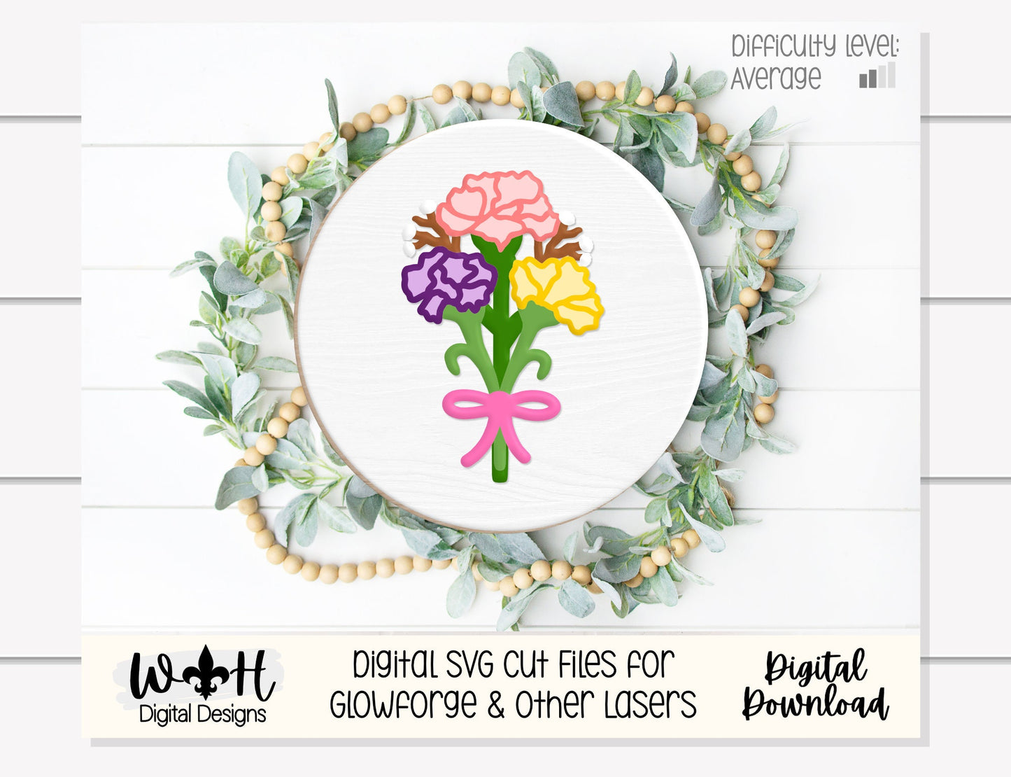 Carnation Bouquet Shelf Sitter Round - Spring Floral Sign Making and DIY Kits - Single Line Cut File For Glowforge Laser - Digital SVG File