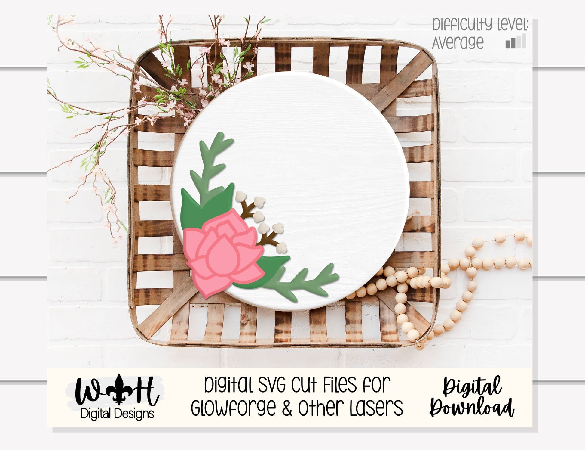 Beauty Rose and Thorns Valentine Door Hanger Round - Floral Sign Making and DIY Kits - Cut File For Glowforge Laser - Digital SVG File