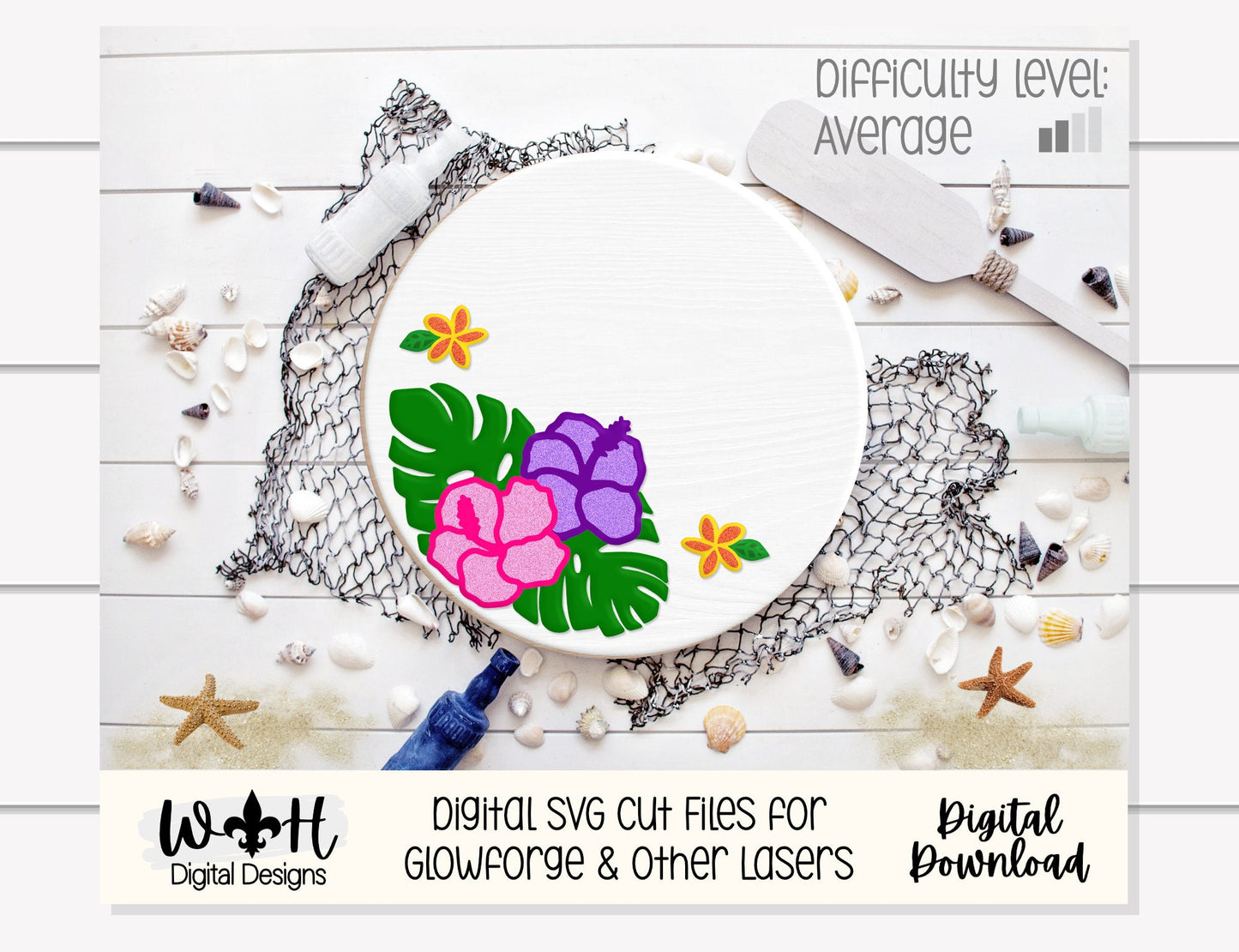 Monstera Hibiscus Plumeria Door Round - Summer Floral Sign Making and DIY Kits - Single Line Cut File For Glowforge Laser - Digital SVG File