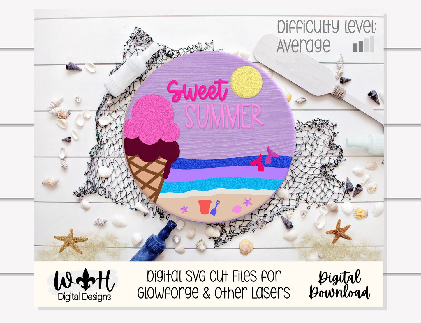 Sweet Summer Ice Cream Cone Beach Door Hanger Round - Sign Making and DIY Kits - Cut File For Glowforge Lasers - Digital SVG File