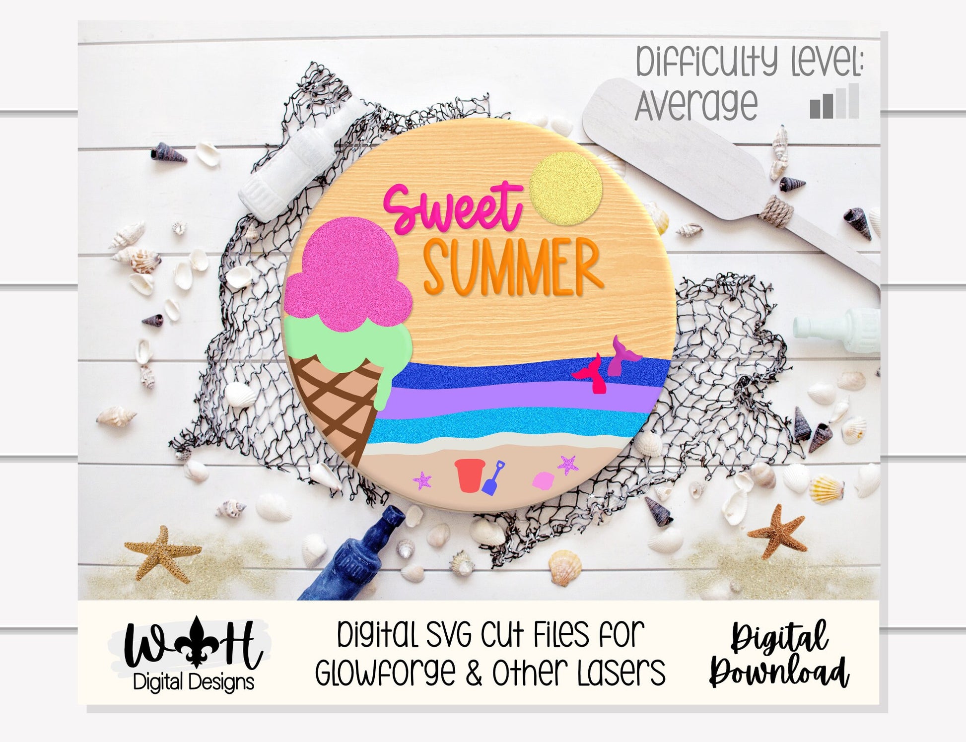 Sweet Summer Ice Cream Cone Beach Door Hanger Round - Sign Making and DIY Kits - Cut File For Glowforge Lasers - Digital SVG File