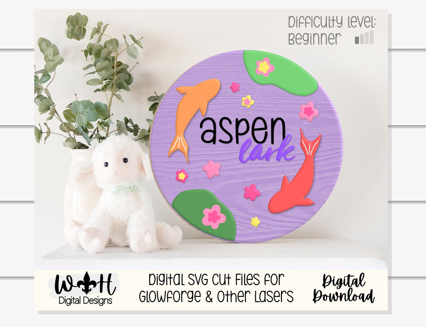 Zenful Koi Fish Pond Baby Nursery Round - Floral Sign Making Home Decor and DIY Kits - Cut File For Glowforge Lasers - Digital SVG File