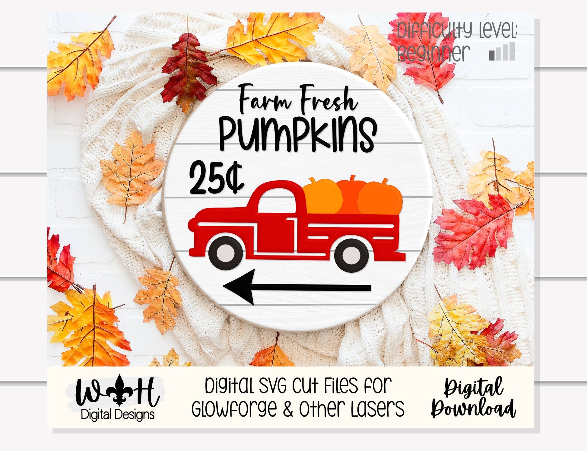 Farm Fresh Pumpkins With Truck Door Hanger Round - Seasonal Sign Making and DIY Kits - Cut File For Glowforge Laser - Digital SVG File