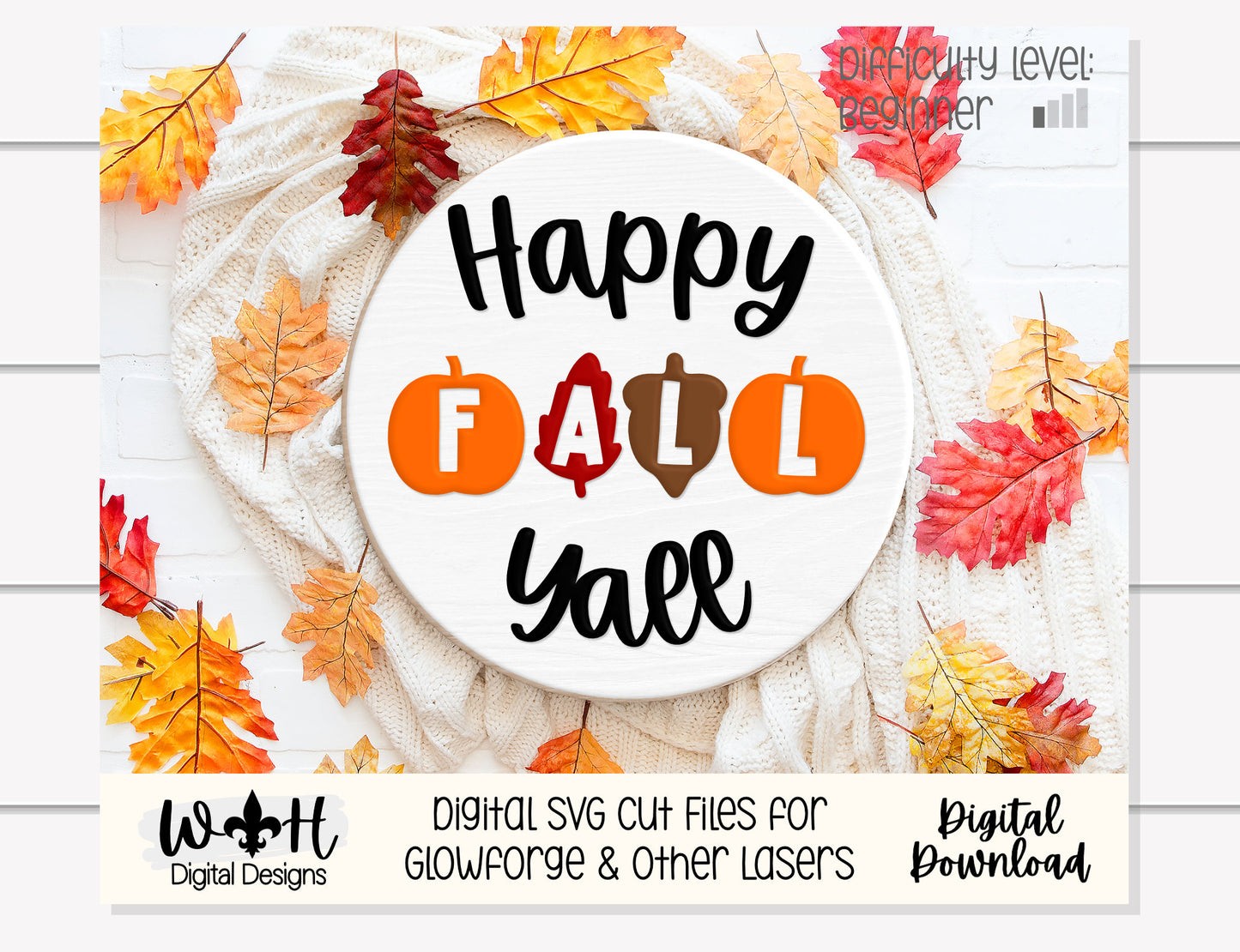 Happy Fall Yall In Pumpkins Autumn Door Hanger Round - Seasonal Sign Making and DIY Kits - Cut File For Glowforge Lasers - Digital SVG File