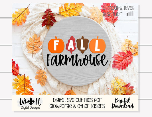Fall Farmhouse In Pumpkins Door Hanger Round - Seasonal Sign Making and DIY Kits - Cut File For Glowforge Laser - Digital SVG File