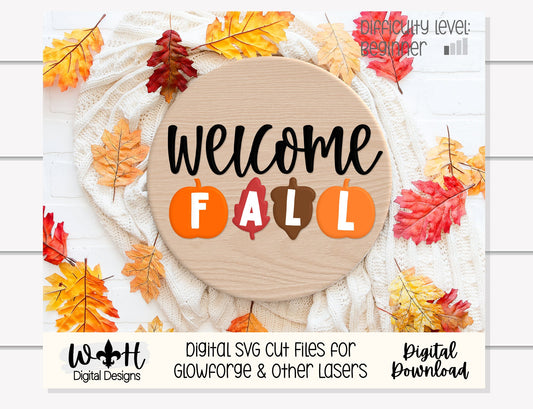 Welcome Fall In Pumpkins Door Hanger Round - Seasonal Sign Making and DIY Kits - Cut File For Glowforge Laser - Digital SVG File