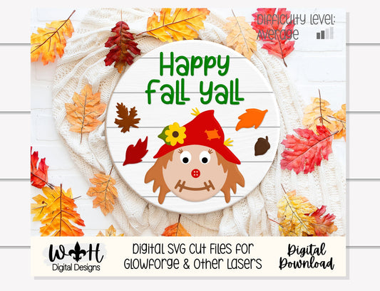 Happy Fall Yall Scarecrow Autumn Door Hanger Round - Seasonal Sign Making and DIY Kits - Cut File For Glowforge Lasers - Digital SVG File