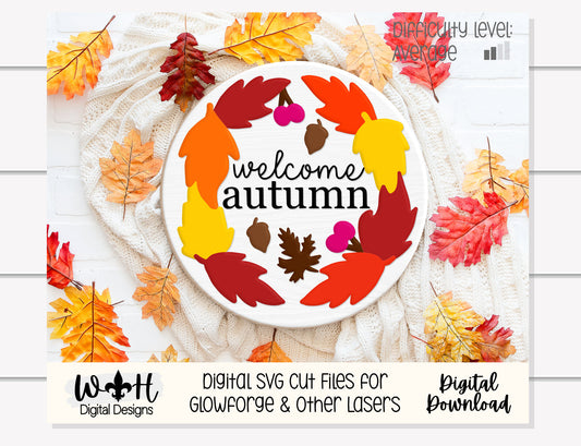 Welcome Autumn Festive Foliage Round and Frame Sign - Seasonal Sign Making and DIY Kits - Cut File For Glowforge Laser - Digital SVG File
